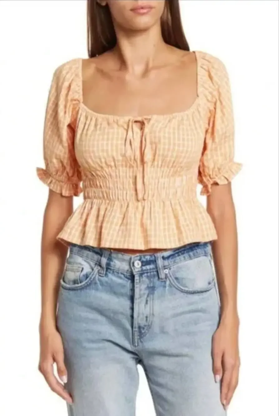 ASTR THE LABEL NWT Orange Plaid  Check Puff Sleeve Smocked Blouse // M